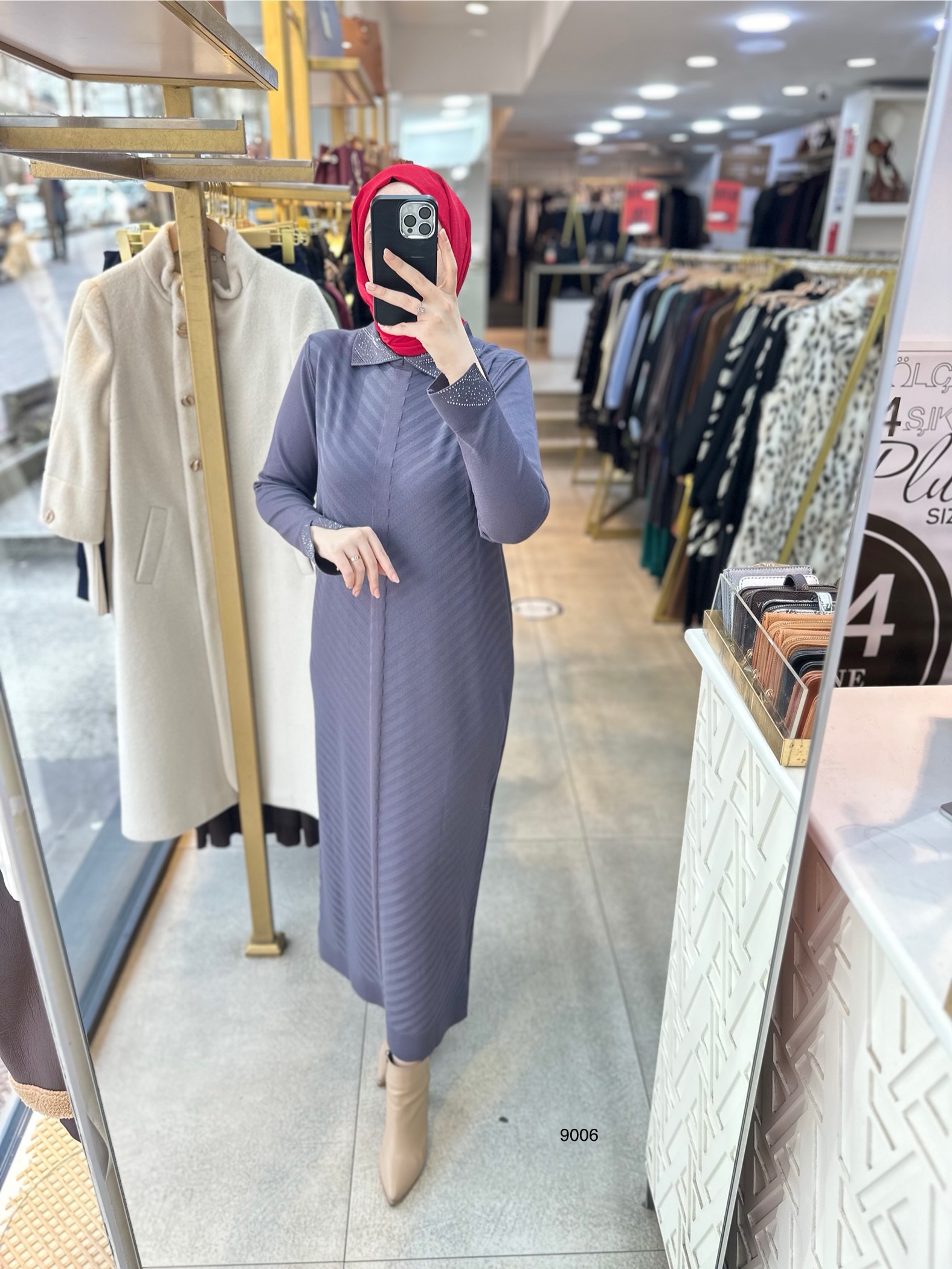 9006 Yakası Taşlı Merserize Elbise - Görsel 15