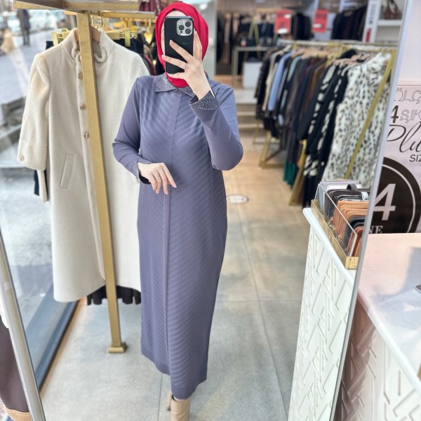 9006 Yakası Taşlı Merserize Elbise - Görsel 7