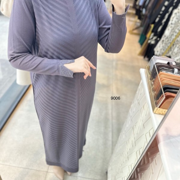 9006 Yakası Taşlı Merserize Elbise - Görsel 10