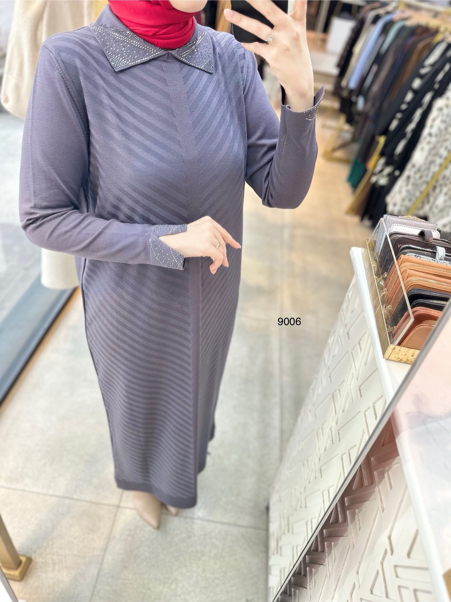 9006 Yakası Taşlı Merserize Elbise - Görsel 10