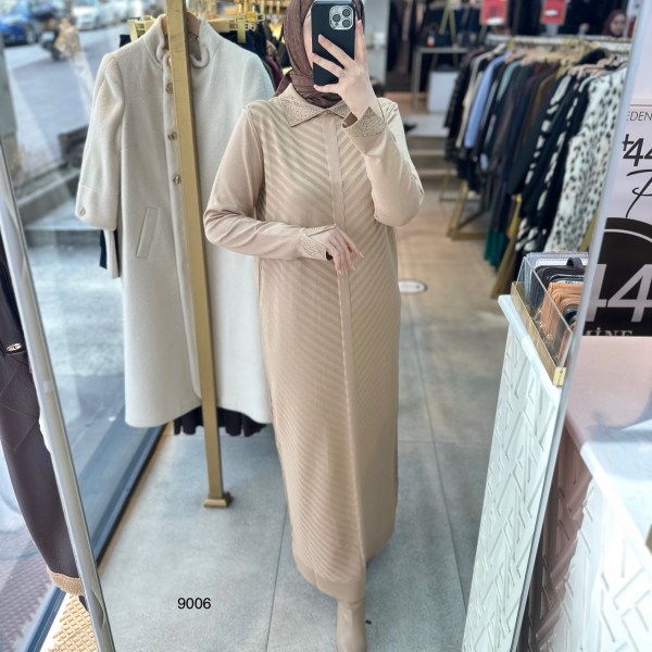 9006 Yakası Taşlı Merserize Elbise - Görsel 6