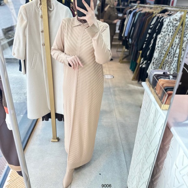 9006 Yakası Taşlı Merserize Elbise - Görsel 5