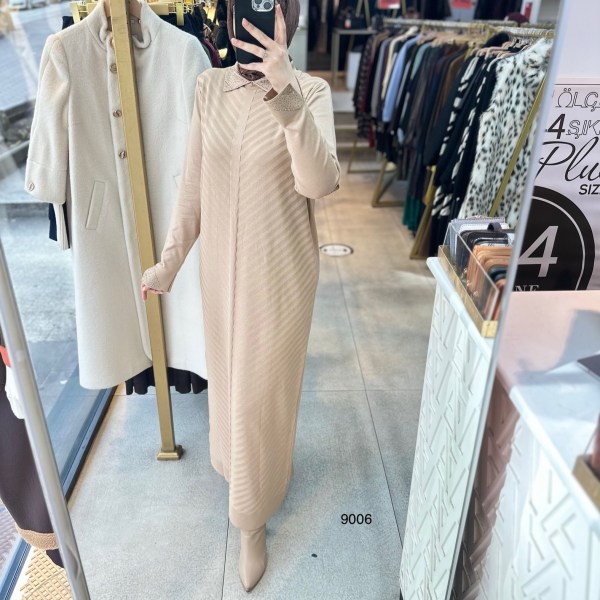 9006 Yakası Taşlı Merserize Elbise - Görsel 4