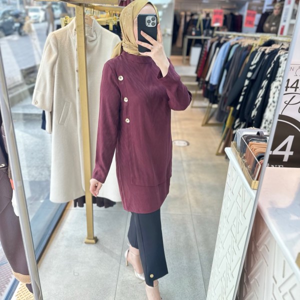 SZ1250 Selma Zaferoğlu Yandan Düğme Detaylı İpek Kupra Tunik - Görsel 4