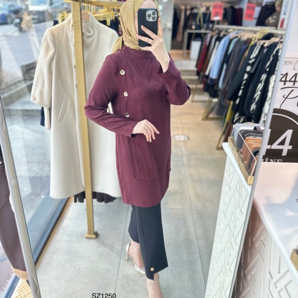 SZ1250 Selma Zaferoğlu Yandan Düğme Detaylı İpek Kupra Tunik - Görsel 11