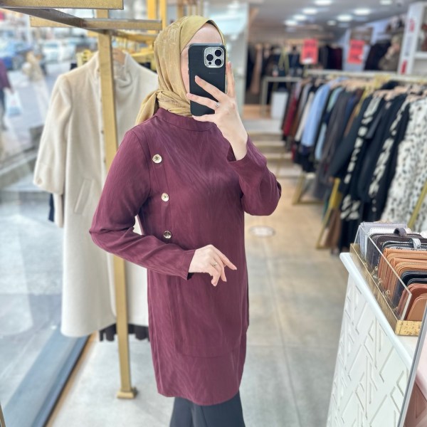 SZ1250 Selma Zaferoğlu Yandan Düğme Detaylı İpek Kupra Tunik - Görsel 5