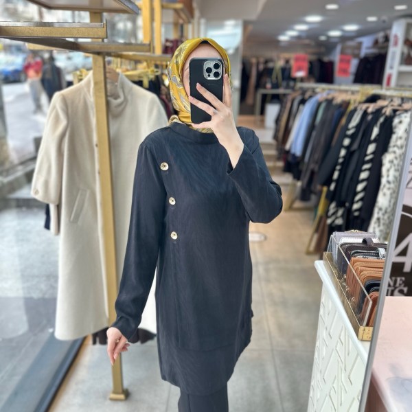 SZ1250 Selma Zaferoğlu Yandan Düğme Detaylı İpek Kupra Tunik - Görsel 1