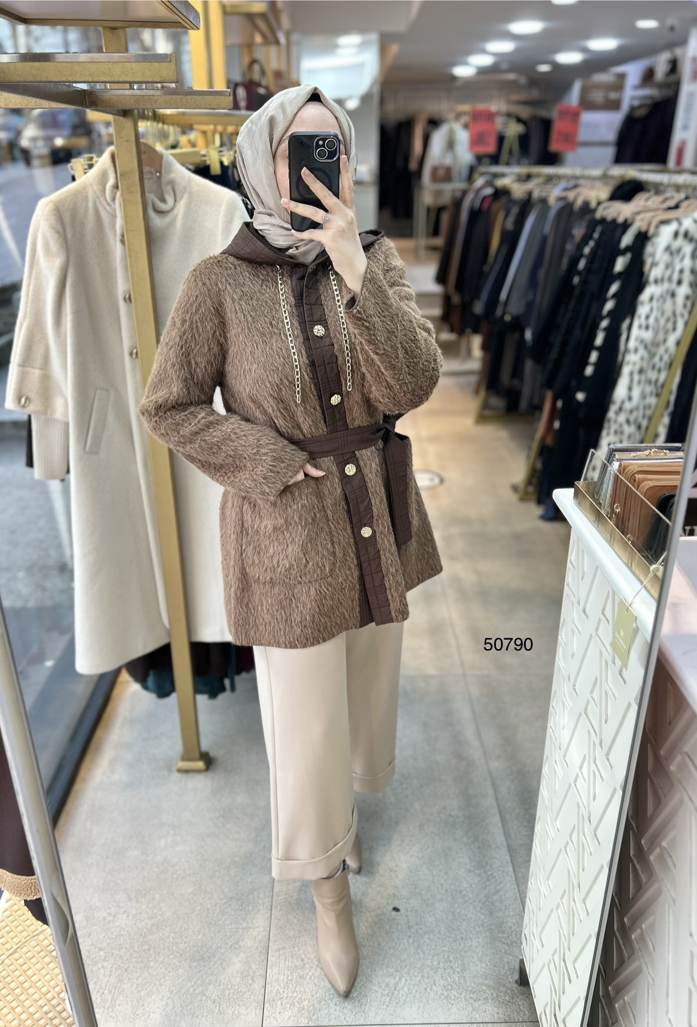 50790 Angora Kumaş Kemerli Kap - Görsel 4