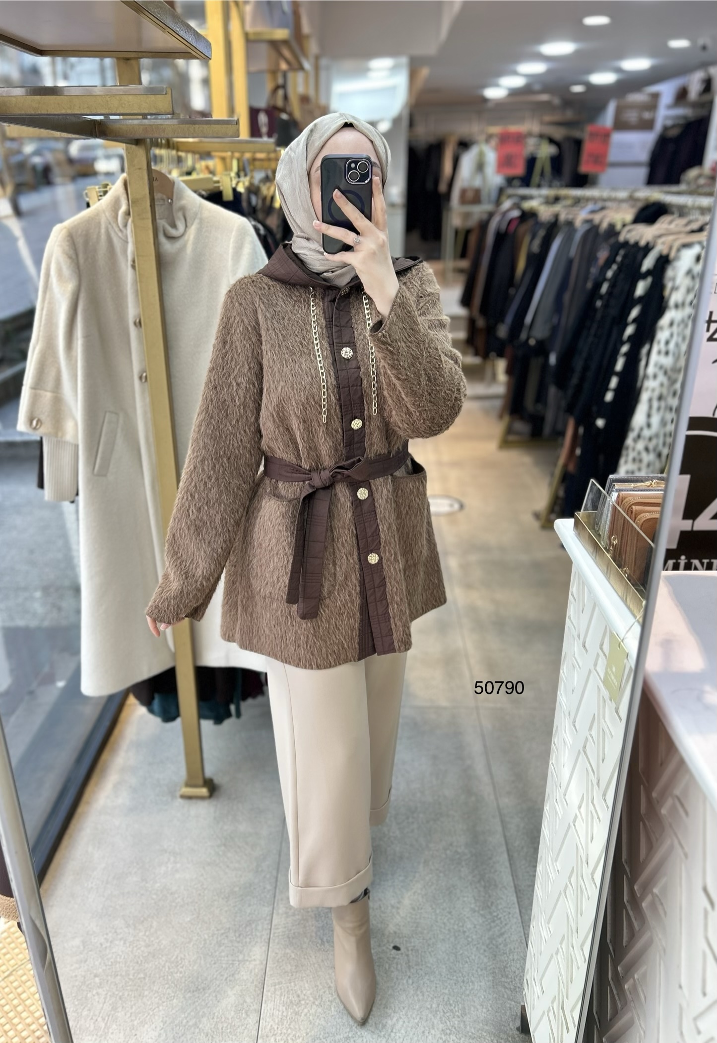 50790 Angora Kumaş Kemerli Kap - Görsel 1