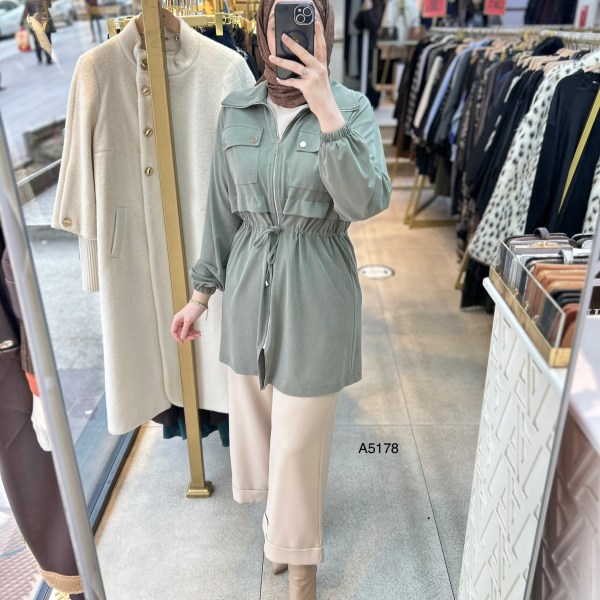 A5178 Belden Bağlamalı Fermuarlı Cepli Rahat Kesim Tunik - Görsel 1