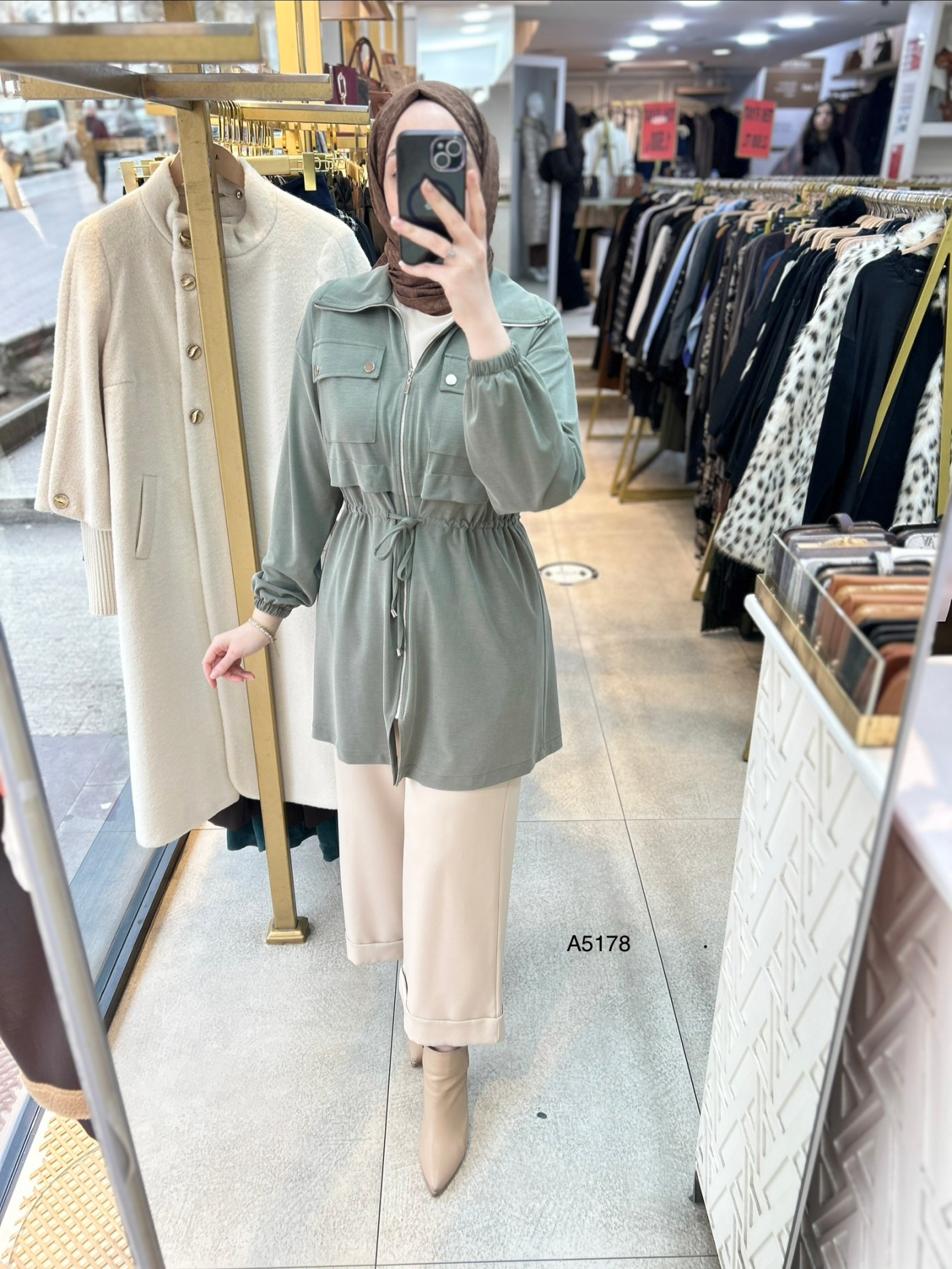 A5178 Belden Bağlamalı Fermuarlı Cepli Rahat Kesim Tunik