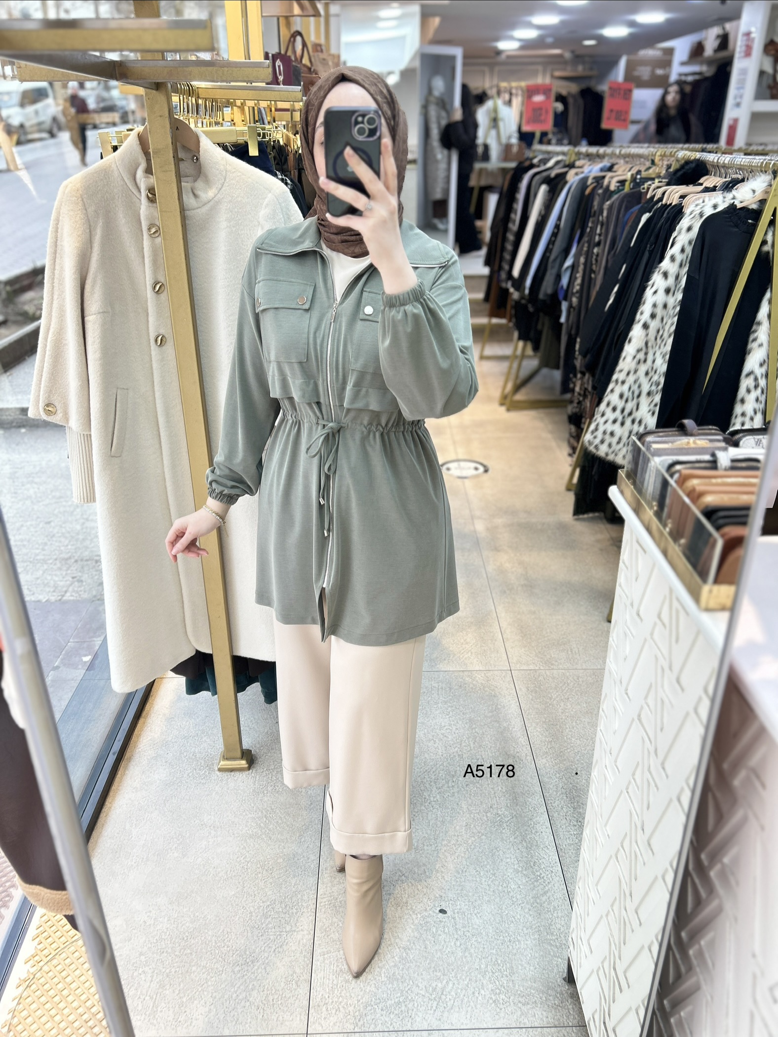 A5178 Belden Bağlamalı Fermuarlı Cepli Rahat Kesim Tunik - Görsel 4