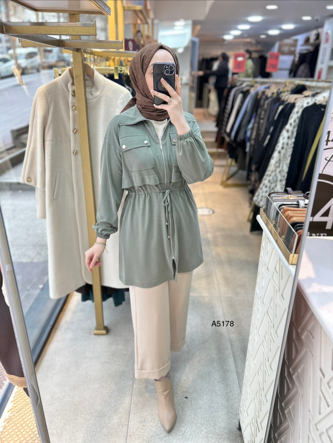 A5178 Belden Bağlamalı Fermuarlı Cepli Rahat Kesim Tunik