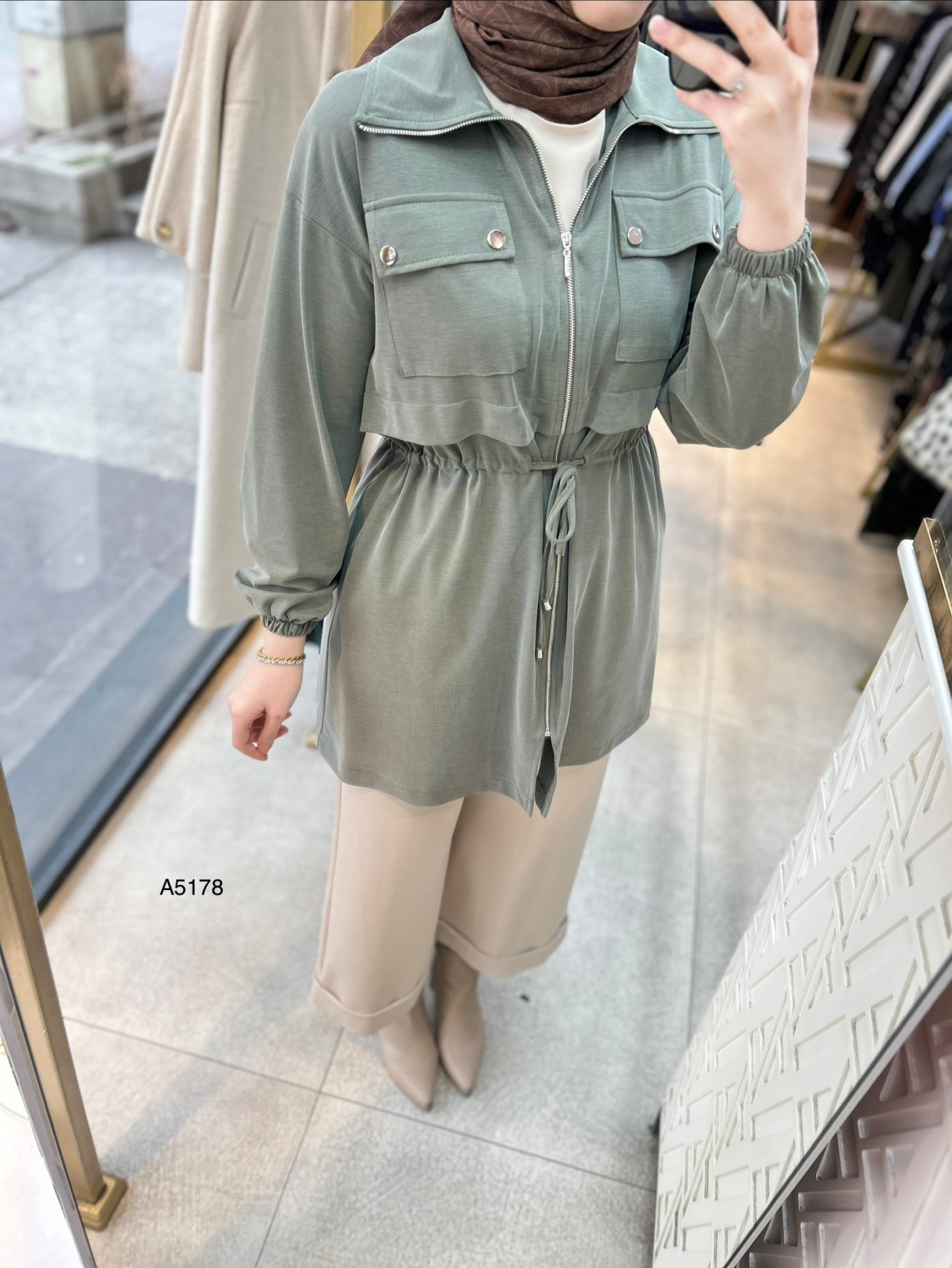 A5178 Belden Bağlamalı Fermuarlı Cepli Rahat Kesim Tunik