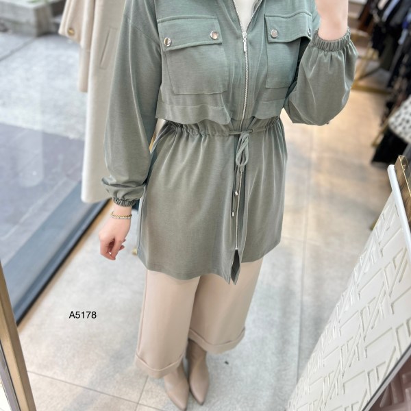 A5178 Belden Bağlamalı Fermuarlı Cepli Rahat Kesim Tunik - Görsel 2