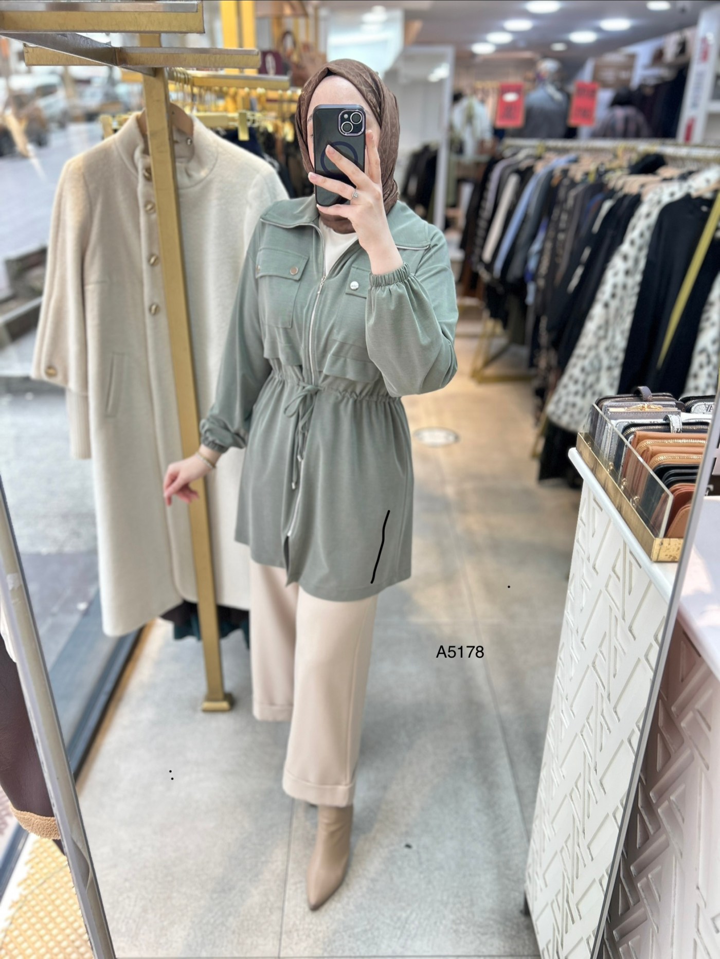 A5178 Belden Bağlamalı Fermuarlı Cepli Rahat Kesim Tunik