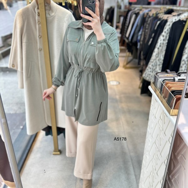 A5178 Belden Bağlamalı Fermuarlı Cepli Rahat Kesim Tunik - Görsel 3