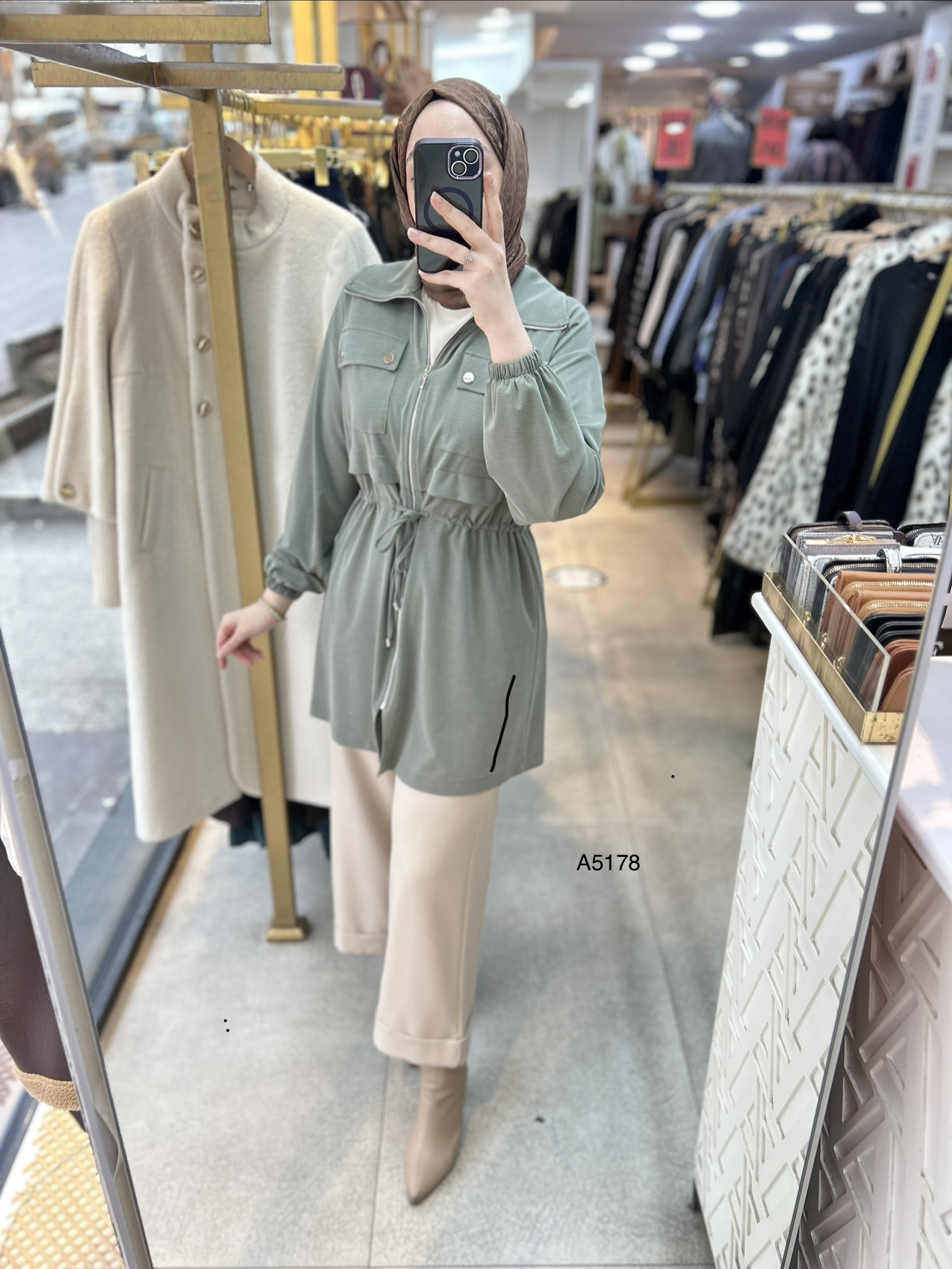 A5178 Belden Bağlamalı Fermuarlı Cepli Rahat Kesim Tunik - Görsel 3