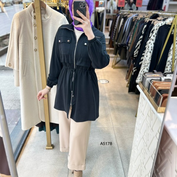 A5178 Belden Bağlamalı Fermuarlı Cepli Rahat Kesim Tunik - Görsel 11