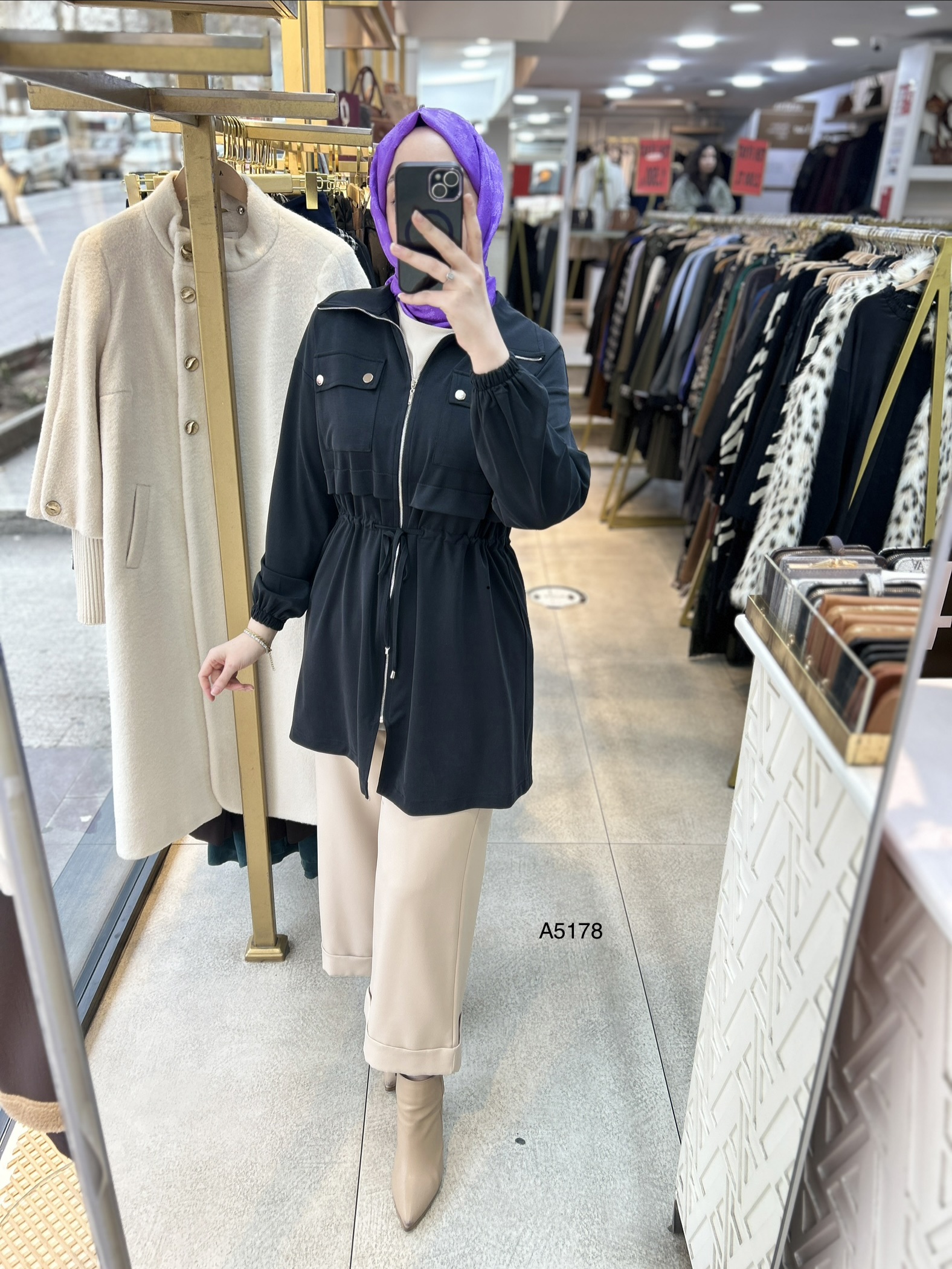 A5178 Belden Bağlamalı Fermuarlı Cepli Rahat Kesim Tunik - Görsel 14