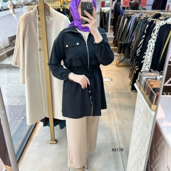 A5178 Belden Bağlamalı Fermuarlı Cepli Rahat Kesim Tunik - Görsel 16