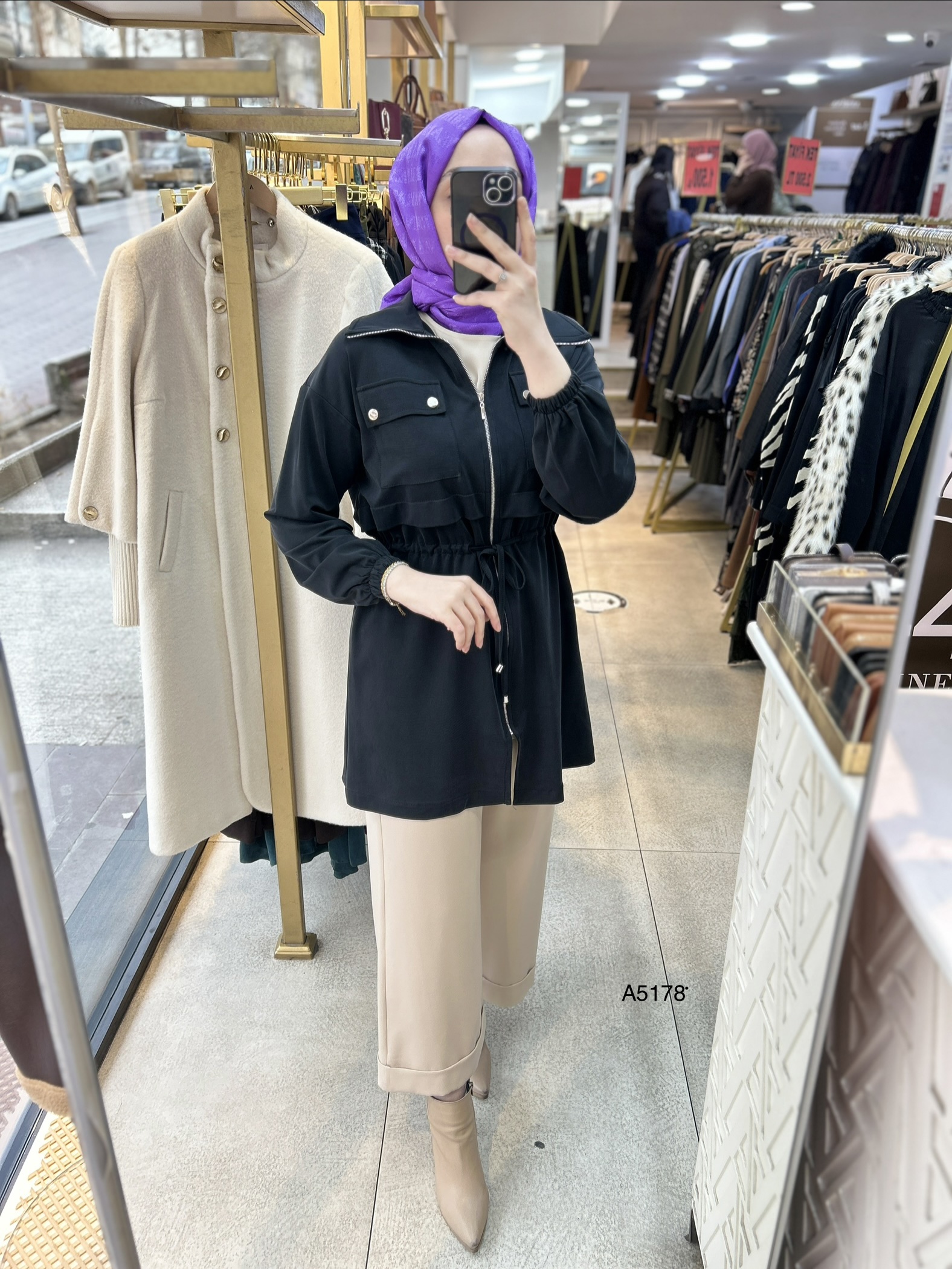 A5178 Belden Bağlamalı Fermuarlı Cepli Rahat Kesim Tunik - Görsel 6