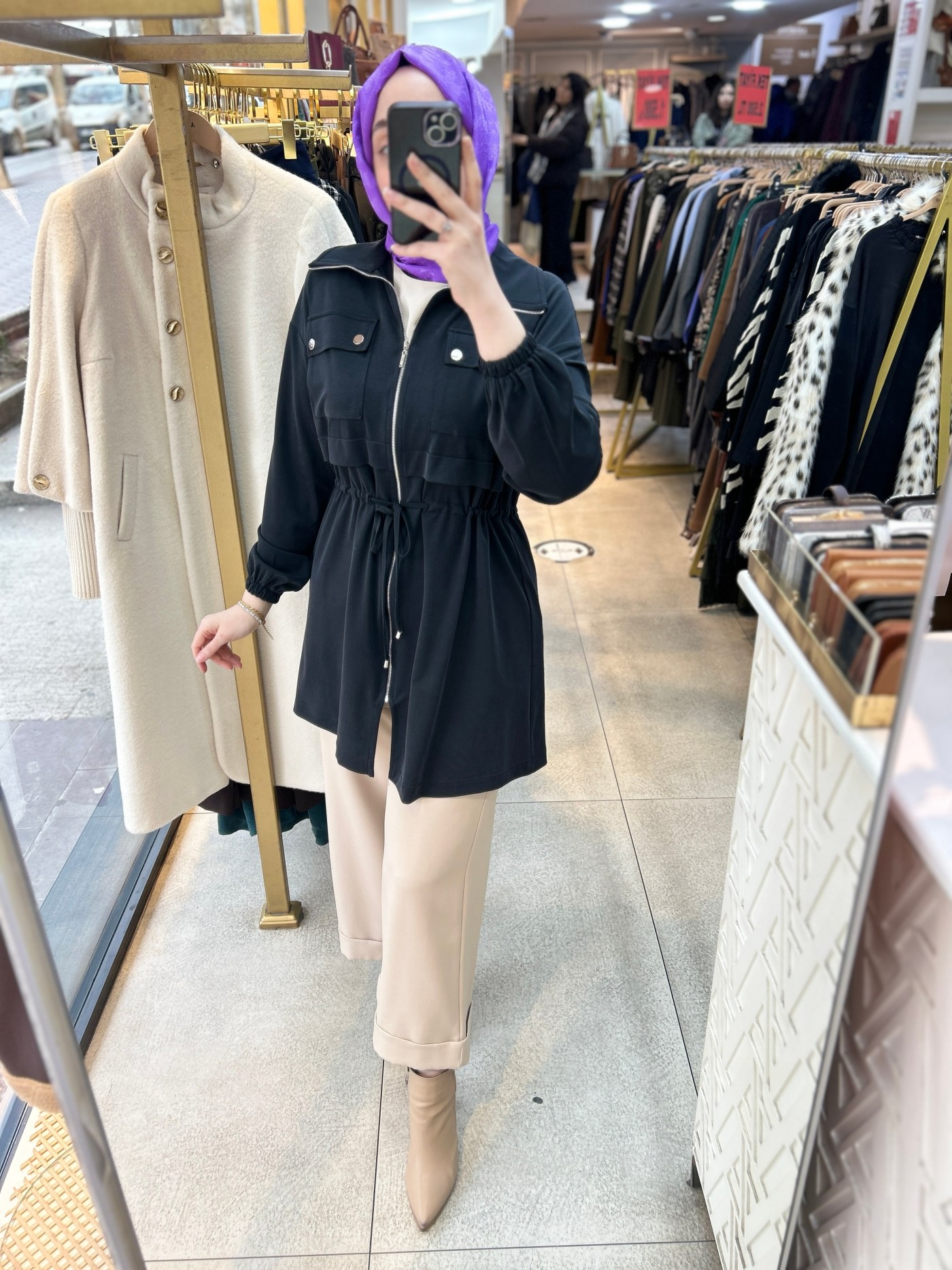 A5178 Belden Bağlamalı Fermuarlı Cepli Rahat Kesim Tunik