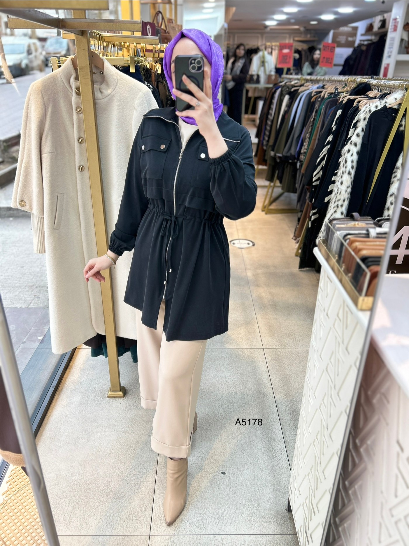 A5178 Belden Bağlamalı Fermuarlı Cepli Rahat Kesim Tunik