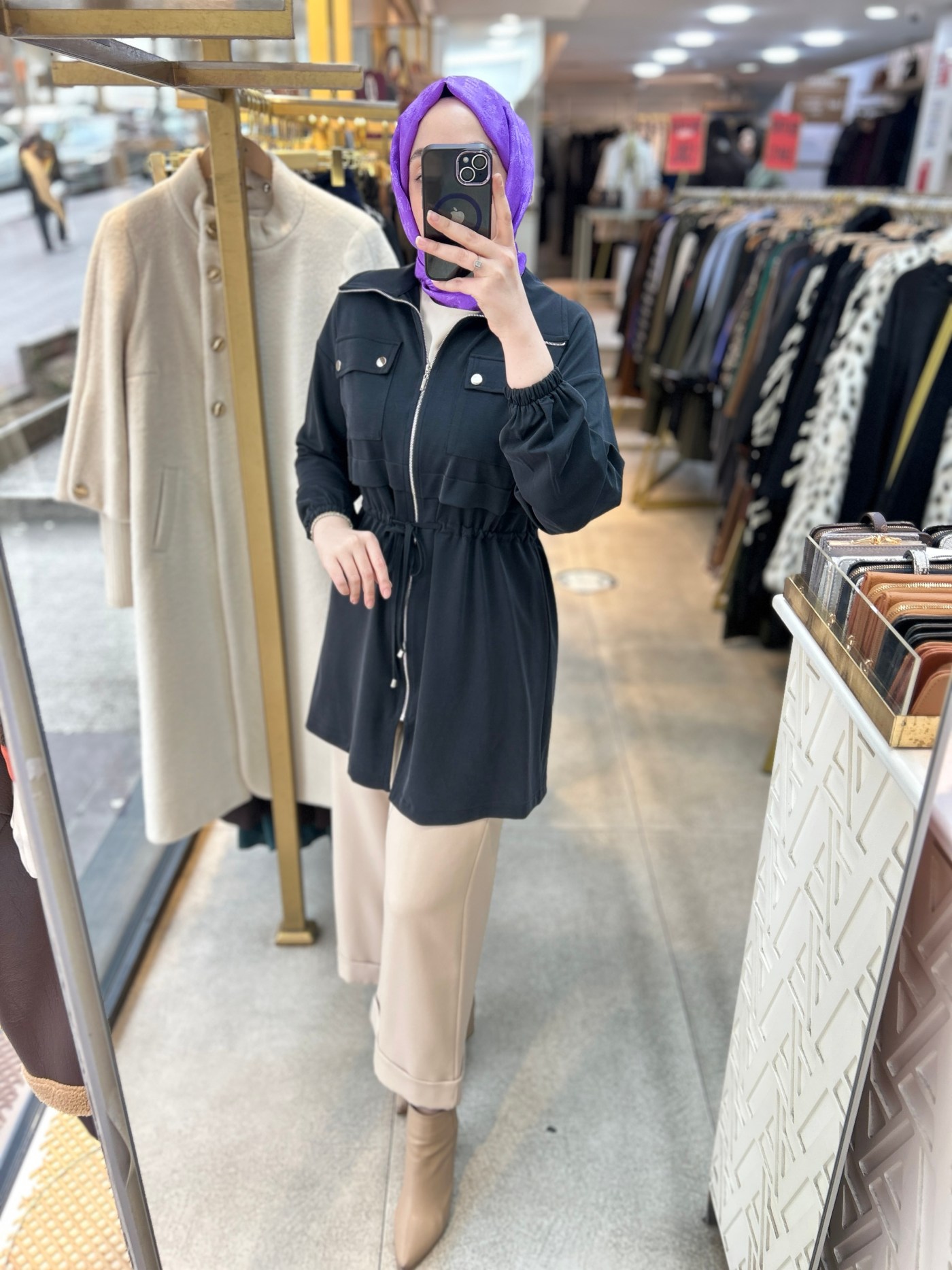 A5178 Belden Bağlamalı Fermuarlı Cepli Rahat Kesim Tunik