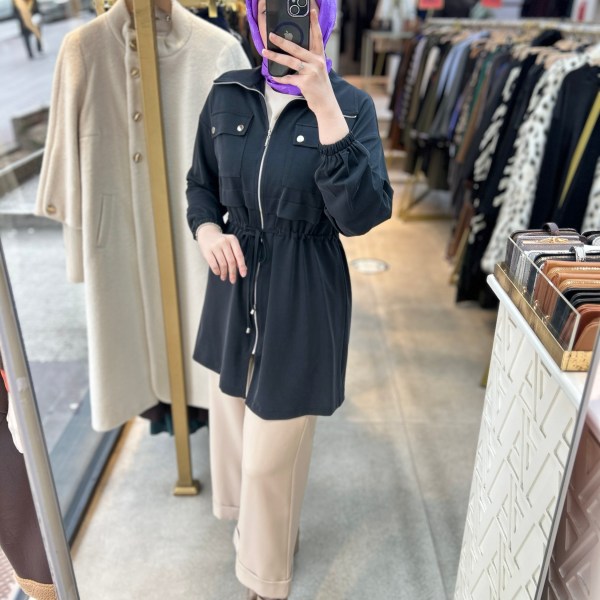 A5178 Belden Bağlamalı Fermuarlı Cepli Rahat Kesim Tunik - Görsel 7