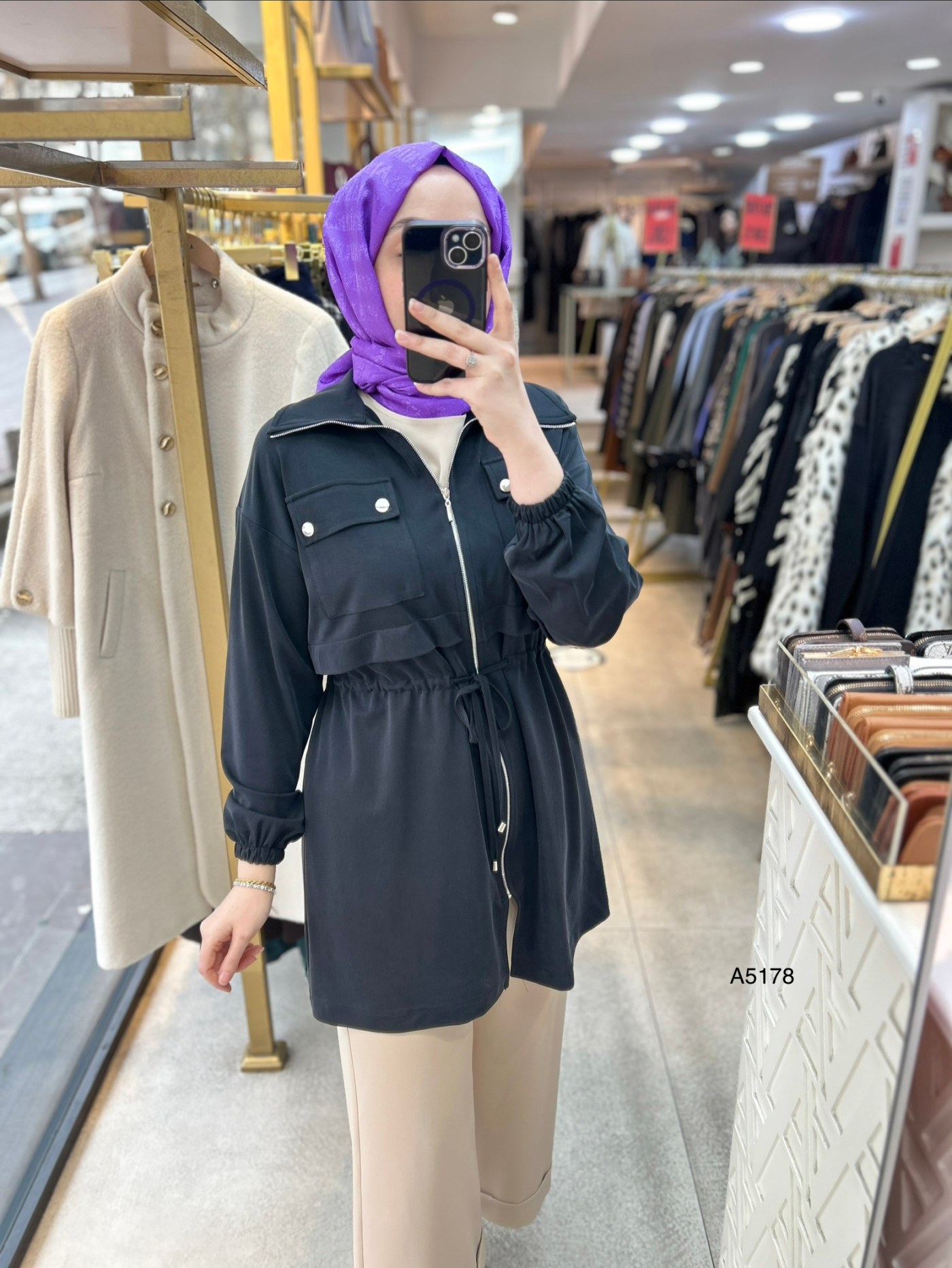 A5178 Belden Bağlamalı Fermuarlı Cepli Rahat Kesim Tunik