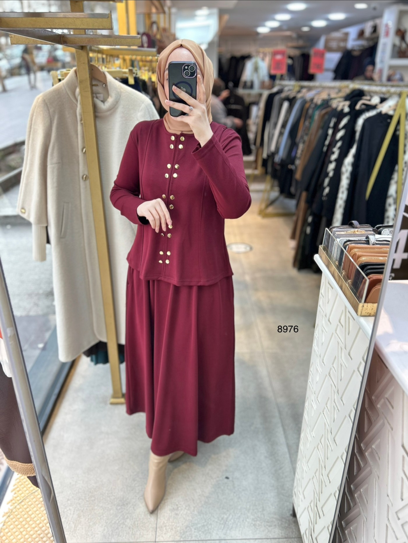 8976 Düğme Detaylı Etekli Takım