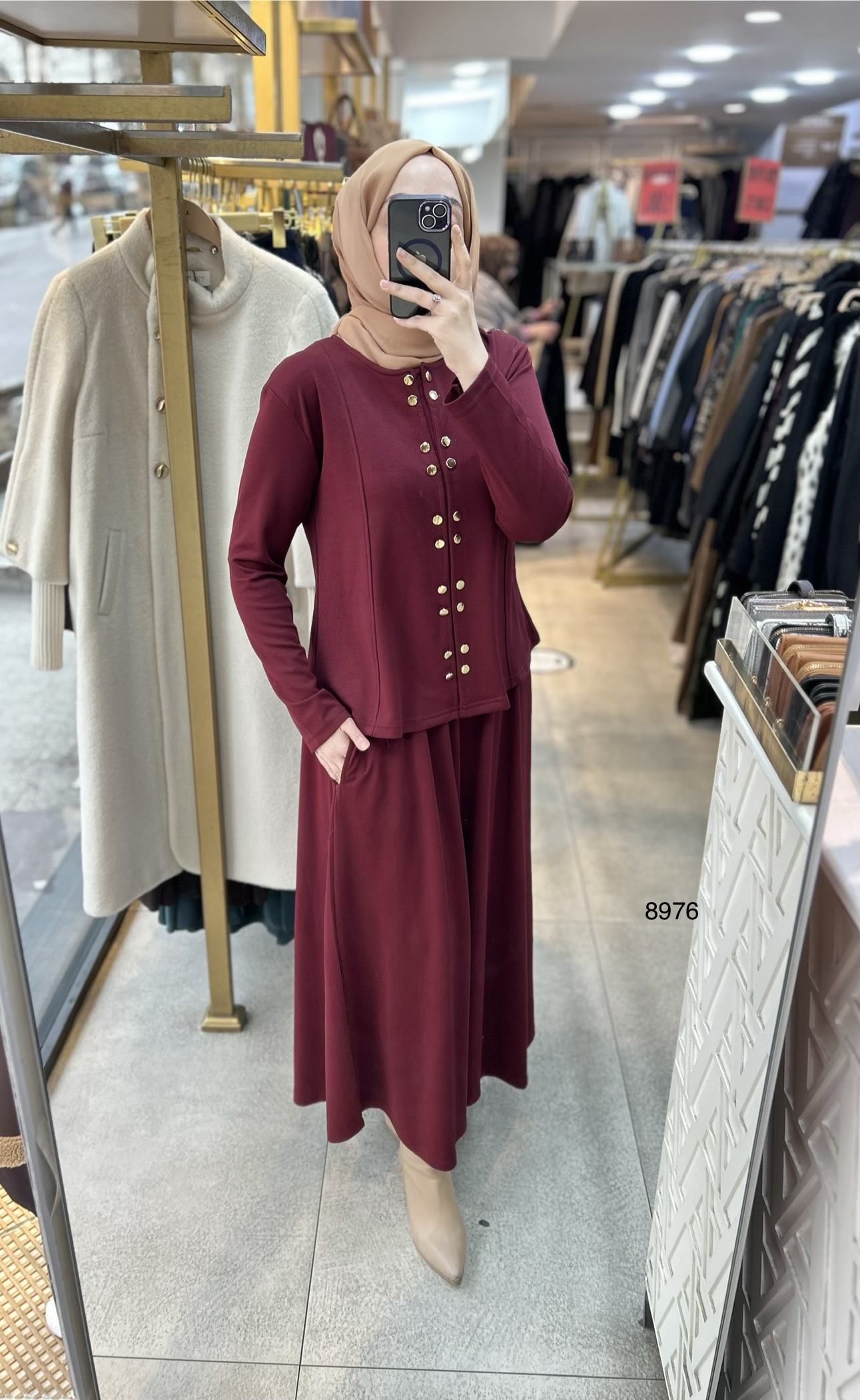 8976 Düğme Detaylı Etekli Takım