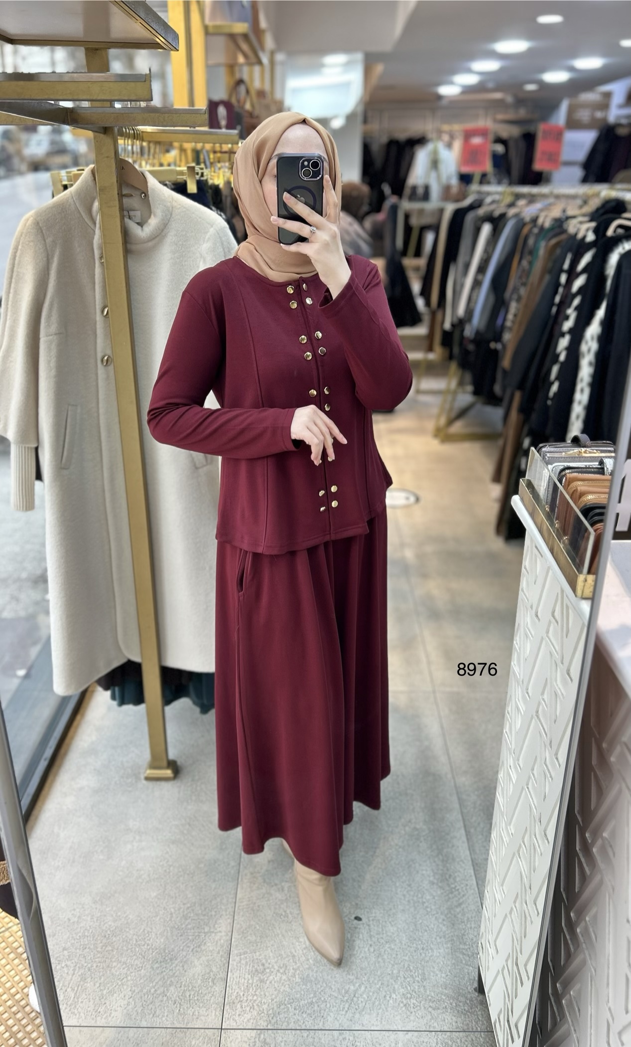 8976 Düğme Detaylı Etekli Takım