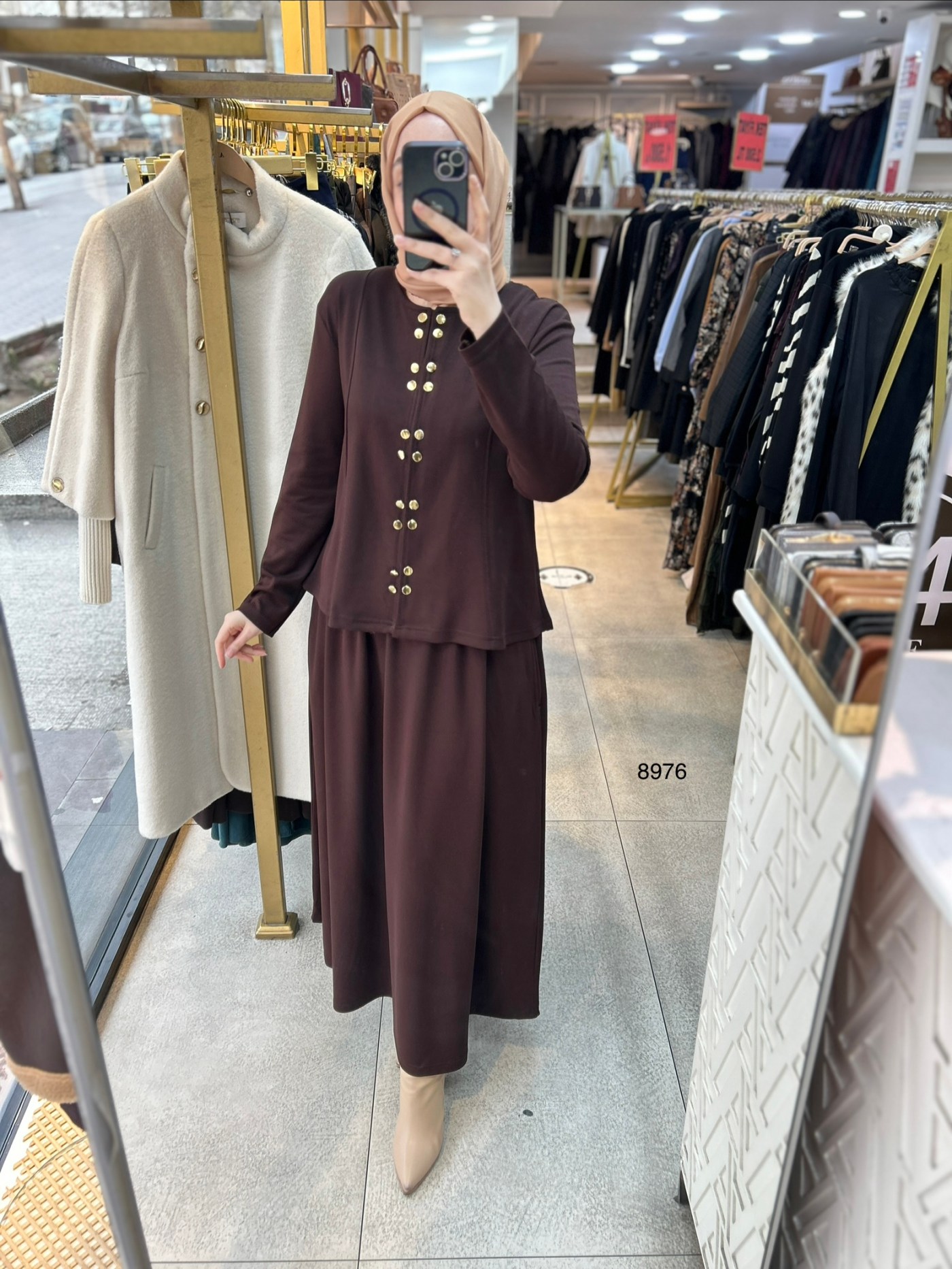 8976 Düğme Detaylı Etekli Takım