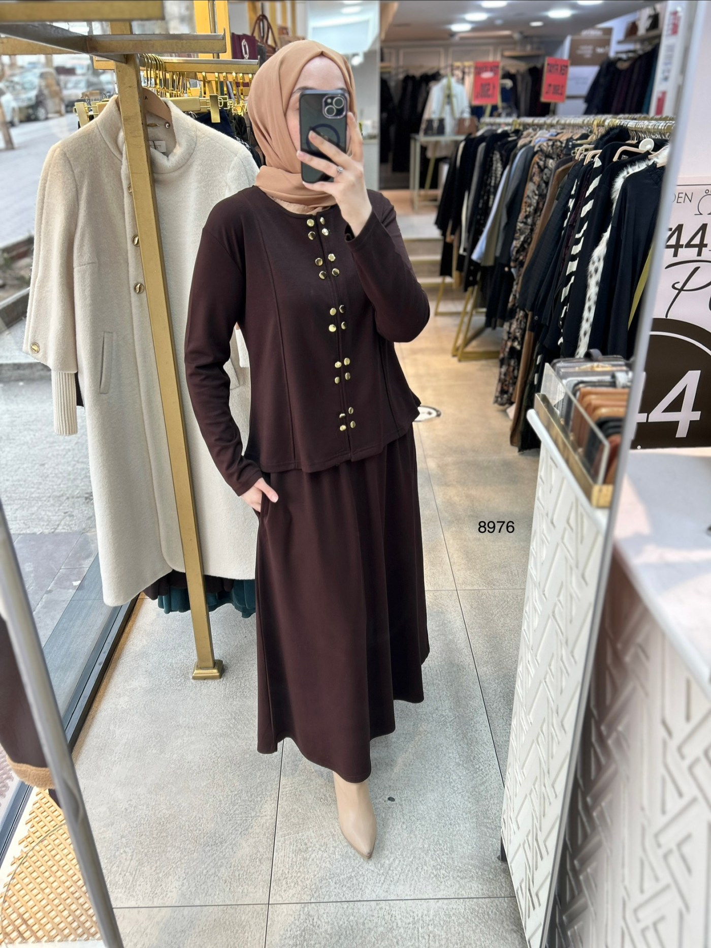 8976 Düğme Detaylı Etekli Takım