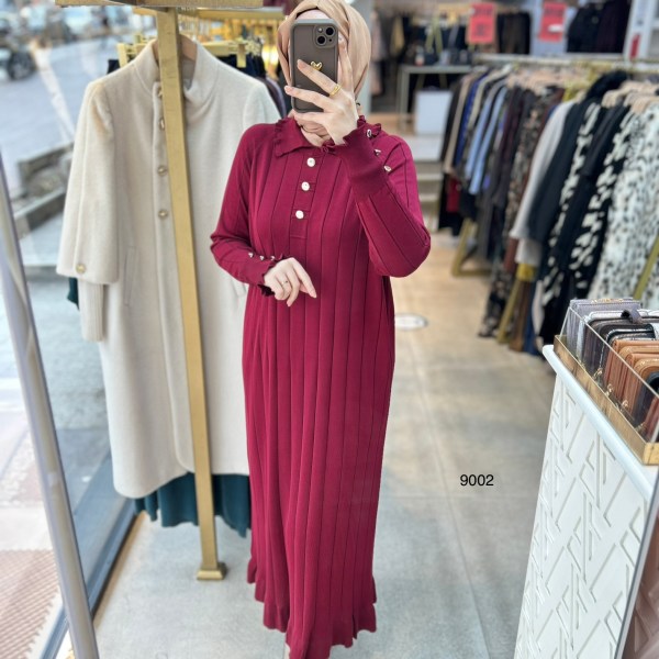 9002 Düğme Yakalı Düğme Detaylı Merserize Elbise - Görsel 3