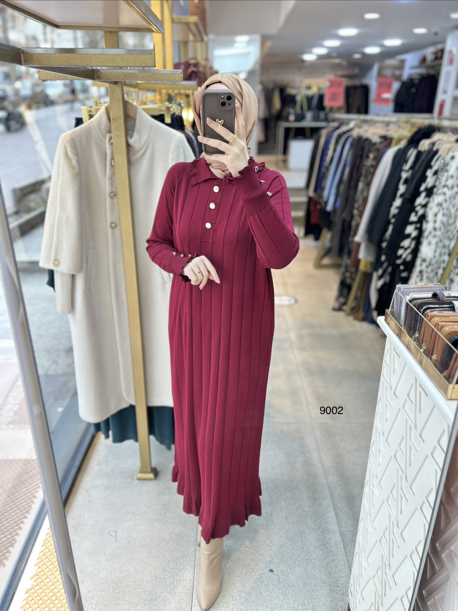 9002 Düğme Yakalı Düğme Detaylı Merserize Elbise - Görsel 3