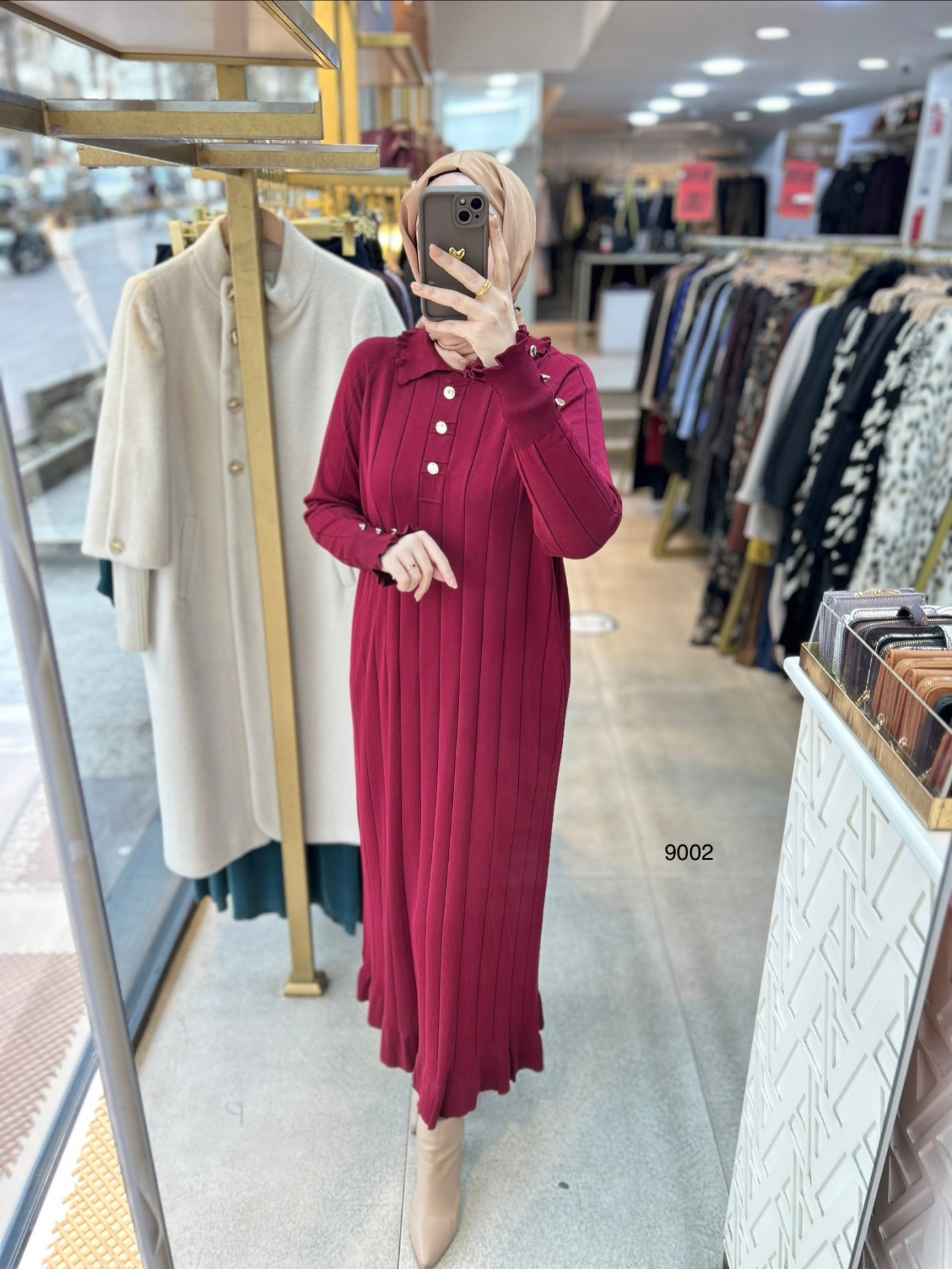 9002 Düğme Yakalı Düğme Detaylı Merserize Elbise