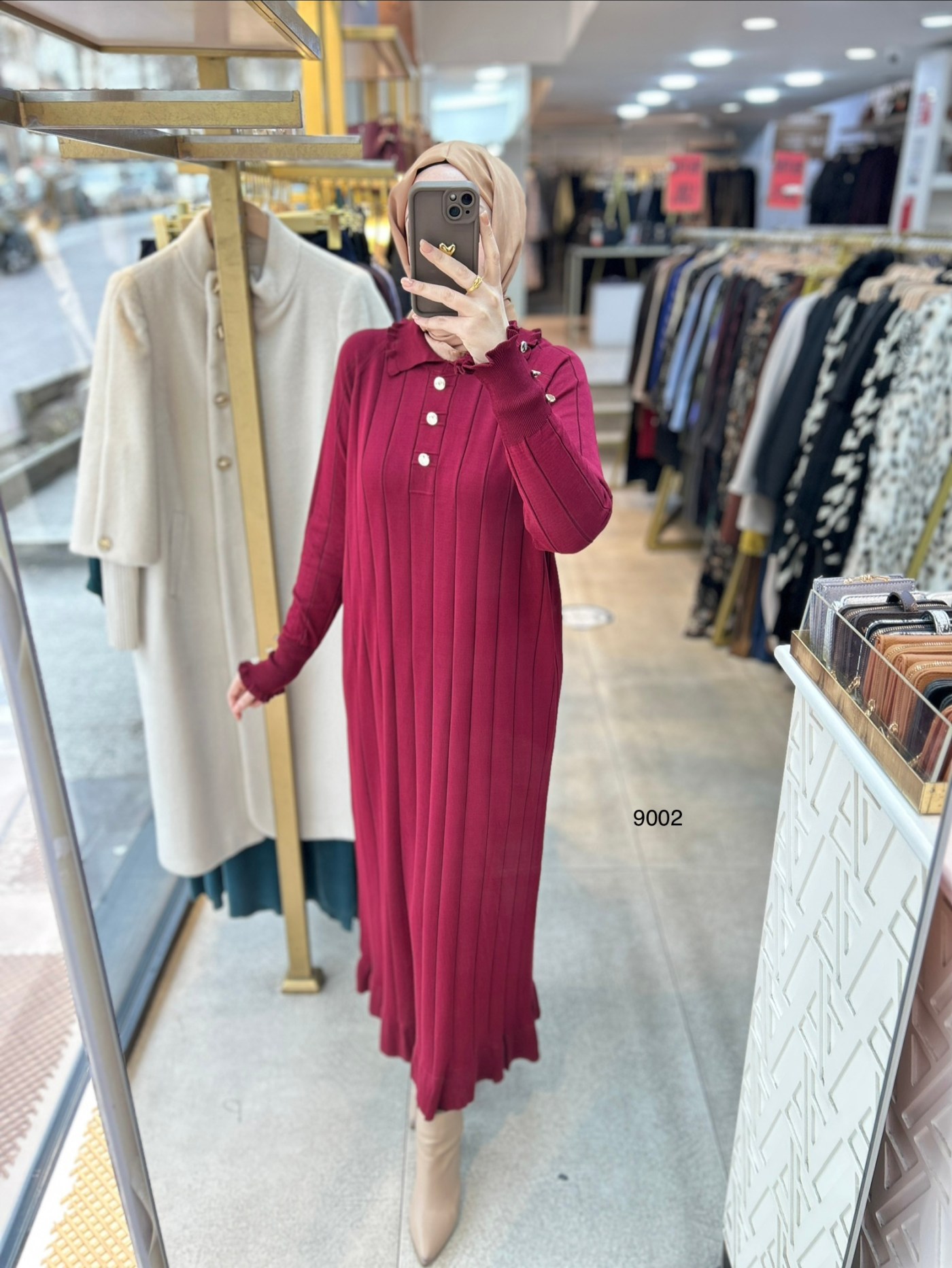 9002 Düğme Yakalı Düğme Detaylı Merserize Elbise