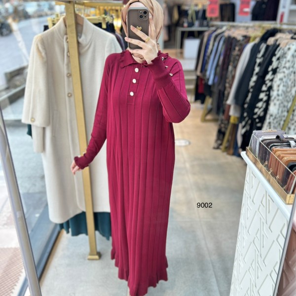 9002 Düğme Yakalı Düğme Detaylı Merserize Elbise - Görsel 2