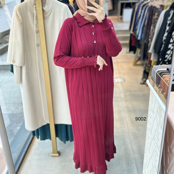 9002 Düğme Yakalı Düğme Detaylı Merserize Elbise - Görsel 1