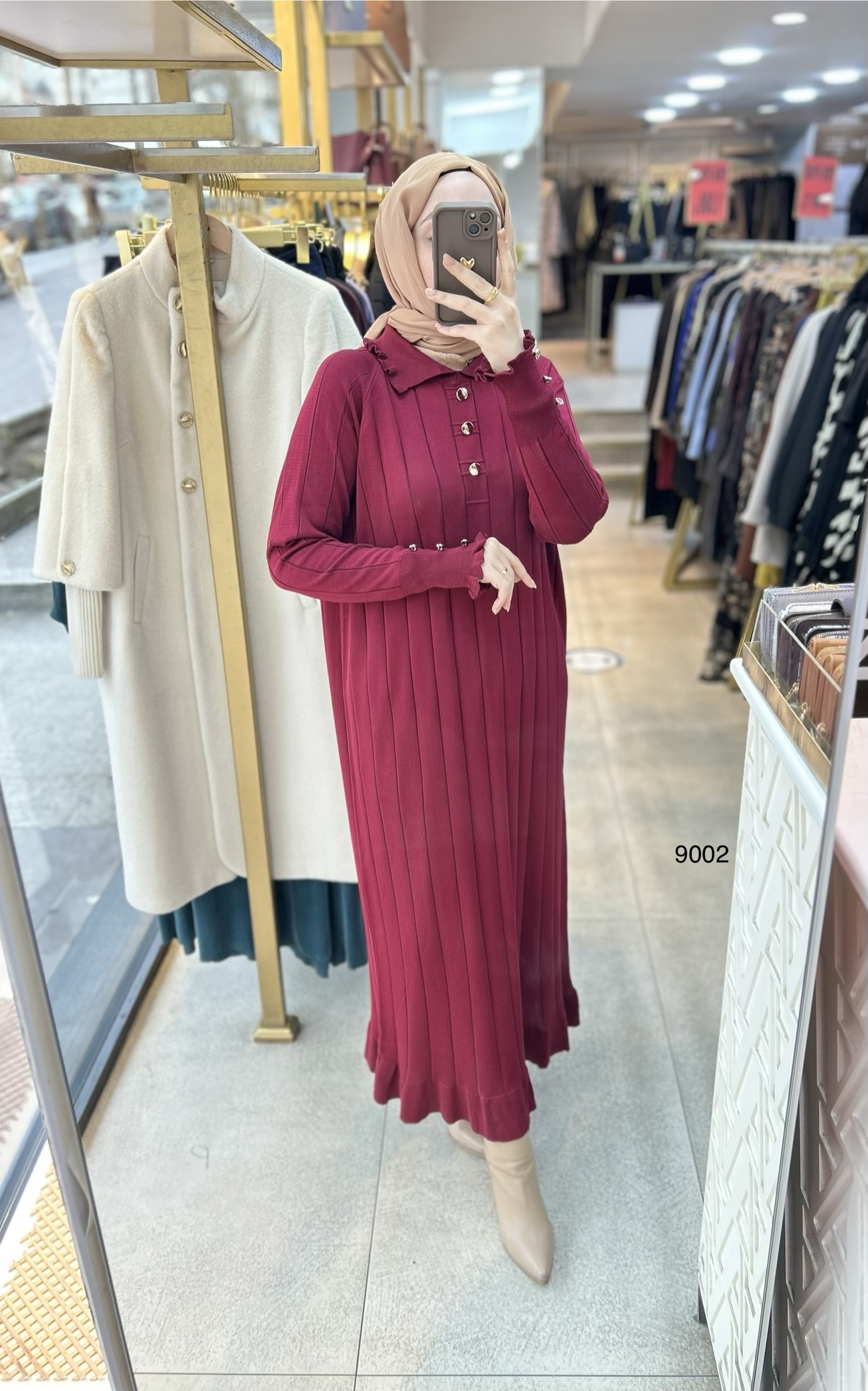 9002 Düğme Yakalı Düğme Detaylı Merserize Elbise