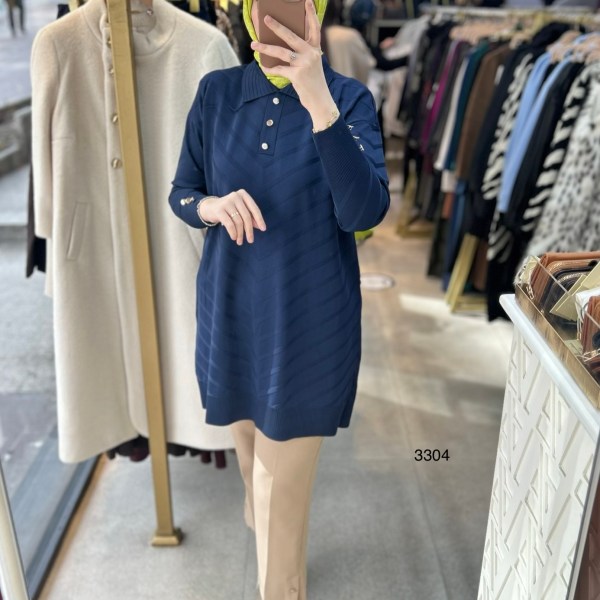 3304 V Desenli Düğme Detaylı Merserize Tunik - Görsel 21