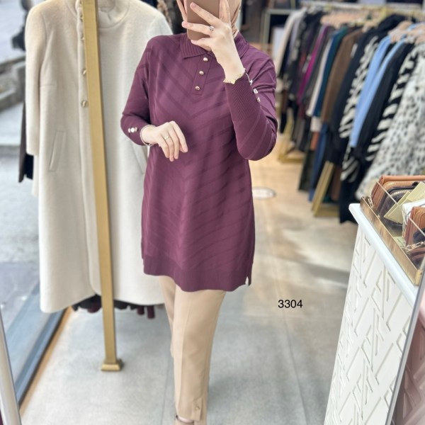 3304 V Desenli Düğme Detaylı Merserize Tunik - Görsel 1