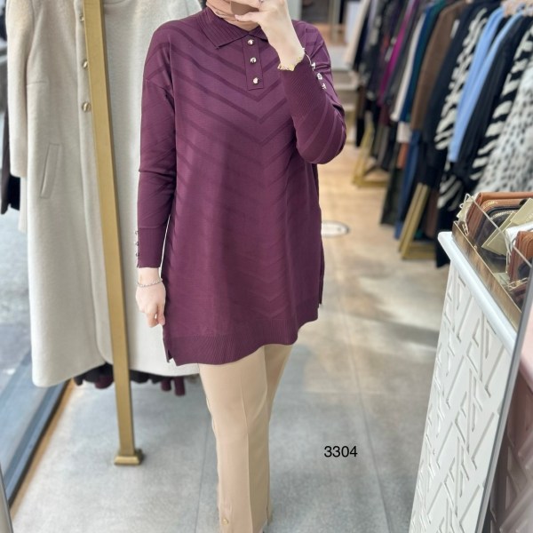 3304 V Desenli Düğme Detaylı Merserize Tunik - Görsel 2