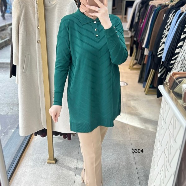 3304 V Desenli Düğme Detaylı Merserize Tunik - Görsel 25