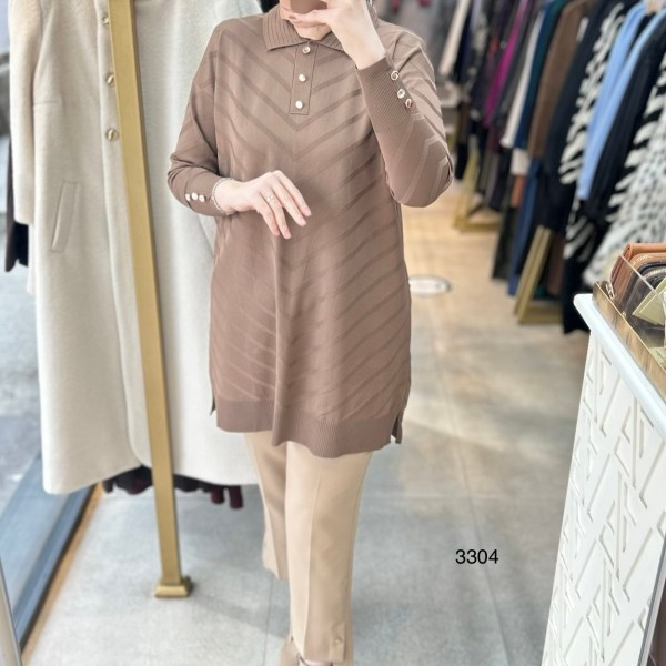 3304 V Desenli Düğme Detaylı Merserize Tunik - Görsel 23