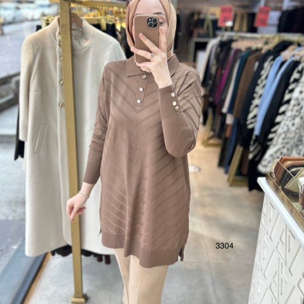 3304 V Desenli Düğme Detaylı Merserize Tunik - Görsel 9