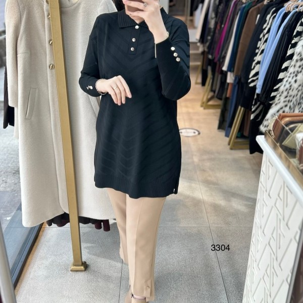 3304 V Desenli Düğme Detaylı Merserize Tunik - Görsel 10